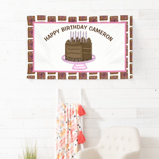 Gepersonaliseerde roze en bruine Happy Birthday Spandoek (Insitu)