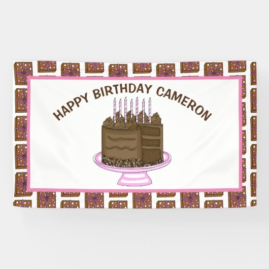 Gepersonaliseerde roze en bruine Happy Birthday Spandoek (Horizontaal)