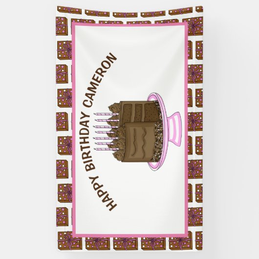 Gepersonaliseerde roze en bruine Happy Birthday Spandoek (Verticaal)