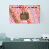 Gepersonaliseerde roze en bruine Happy Birthday Spandoek (Beurs)