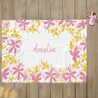 Gepersonaliseerde roze en gele Wildflower Fleece Deken