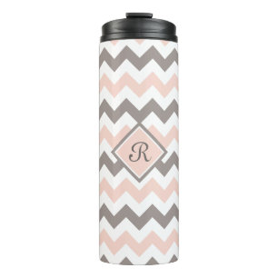 Gepersonaliseerde roze en grijze Chevron Thermosbeker