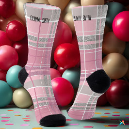 Gepersonaliseerde roze en grijze tartan geruite st sokken