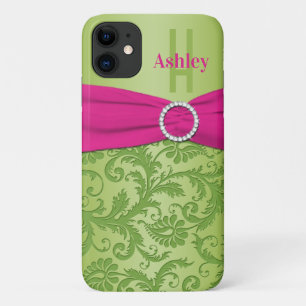 Gepersonaliseerde roze en groene Damask Case-Mate iPhone Case