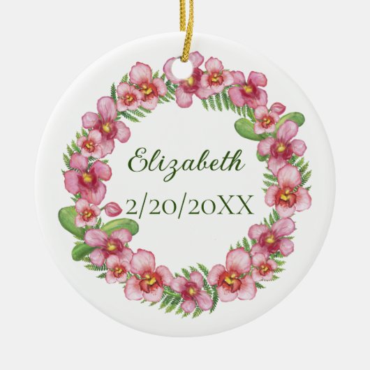 Gepersonaliseerde roze en groene kerstmis keramisch ornament (Voorkant)