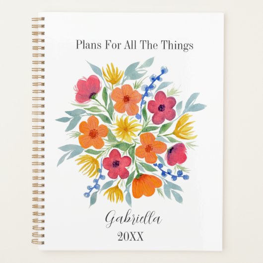 Gepersonaliseerde roze en Oranje Waterverf bloemen Planner (Voorkant)