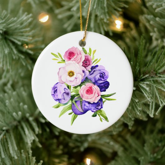 Gepersonaliseerde roze en paarse bloemen kerst keramisch ornament (Boom)