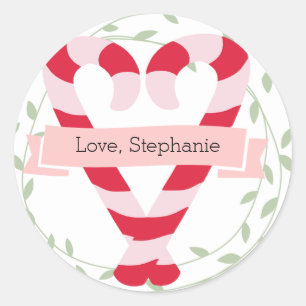 Gepersonaliseerde Roze en Rode Candy Cane Ronde Sticker