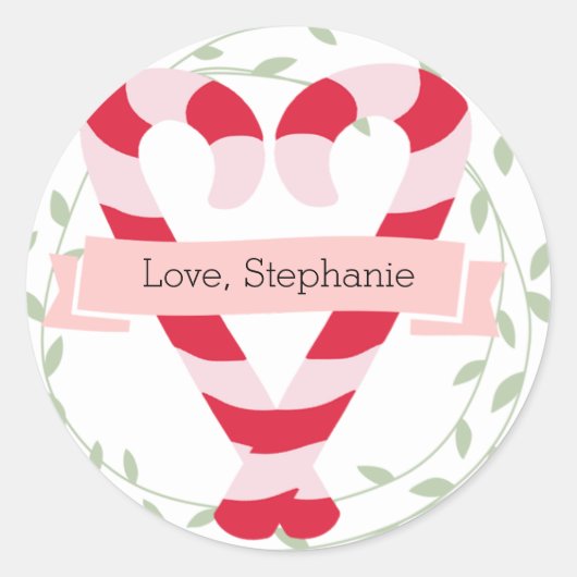 Gepersonaliseerde Roze en Rode Candy Cane Ronde Sticker (Voorkant)