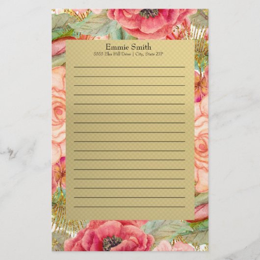 Gepersonaliseerde roze en rode Floral en goud Briefpapier (Voorkant)