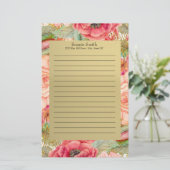 Gepersonaliseerde roze en rode Floral en goud Briefpapier (Staand voorkant)