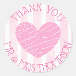 Gepersonaliseerde roze en witbruiloft-stickers ronde sticker