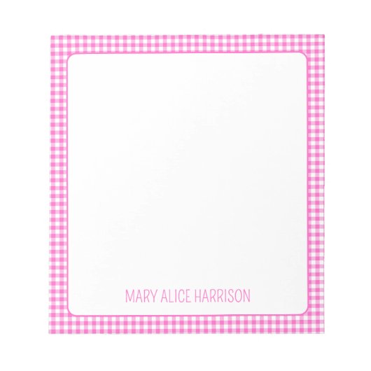 Gepersonaliseerde roze en witte geruite gingham notitieblok (Voorkant)