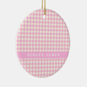 Gepersonaliseerde roze en witte geruite kerstbal keramisch ornament (Rechts)