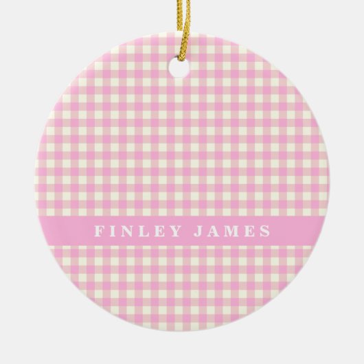 Gepersonaliseerde roze en witte geruite kerstbal keramisch ornament (Voorkant)