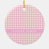 Gepersonaliseerde roze en witte geruite kerstbal keramisch ornament (Achterkant)