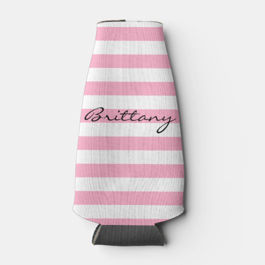 Gepersonaliseerde roze en witte gestreepte fleskoe flesjeskoeler (Voorkant)
