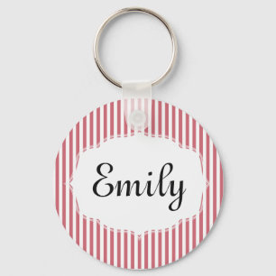 Gepersonaliseerde roze en witte gestreepte sleutel sleutelhanger