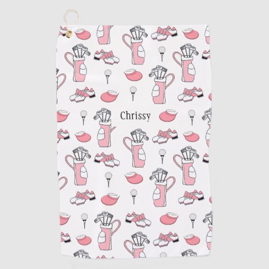 Gepersonaliseerde roze en witte Golfthema Dames Golfhanddoek (Voorkant)