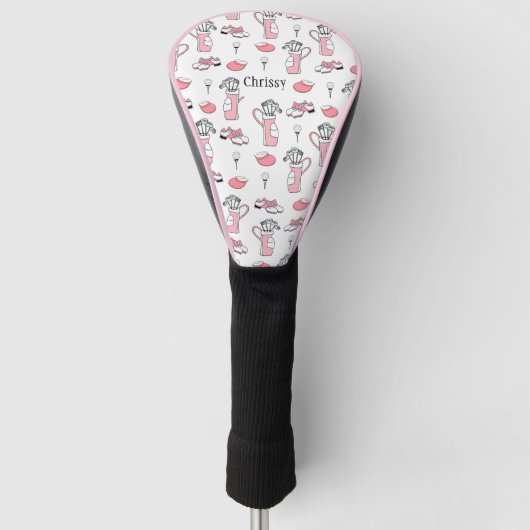 Gepersonaliseerde roze en witte Golfthema Dames Golfheadcover (Voorkant)