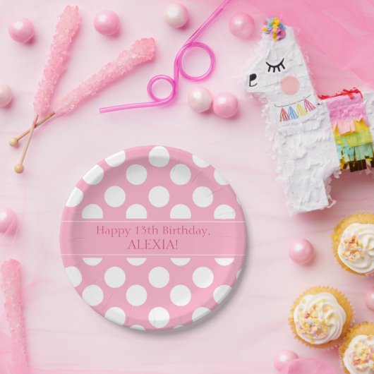 Gepersonaliseerde roze en witte Polka Dot Paper Bo Papieren Bordje (Feest)