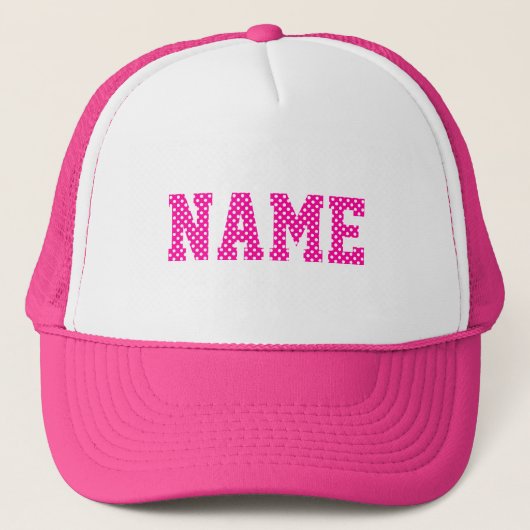 Gepersonaliseerde roze en witte polka dot trucker pet (Voorkant)