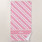 Gepersonaliseerde  roze en witte strepen strandlaken (Voorkant)