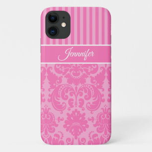 Gepersonaliseerde roze en witte stripte Damask Case-Mate iPhone Case