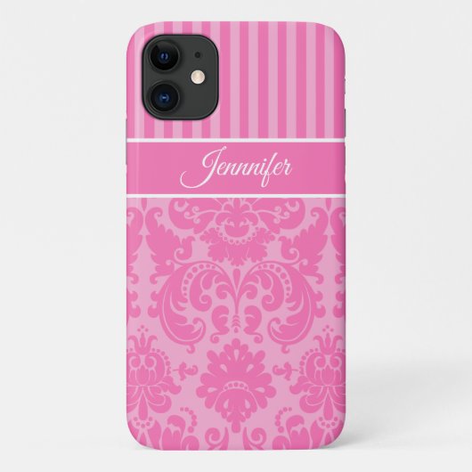 Gepersonaliseerde roze en witte stripte Damask Case-Mate iPhone Case (Achterkant)