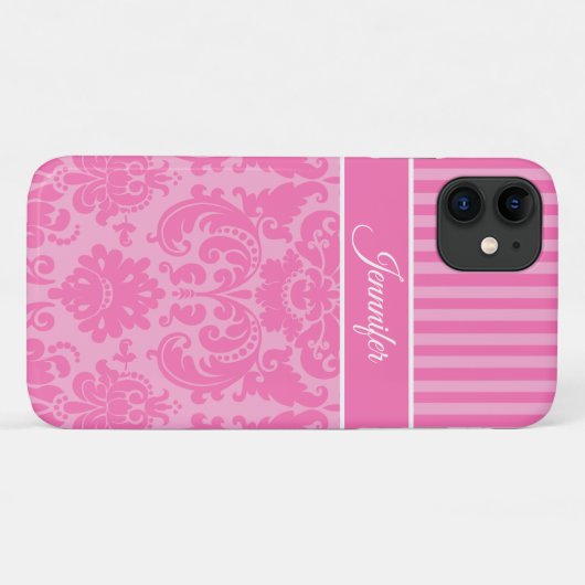 Gepersonaliseerde roze en witte stripte Damask Case-Mate iPhone Case (Achterkant (horizontaal))
