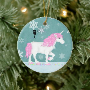 Gepersonaliseerde roze en witte unicorn en milde keramisch ornament