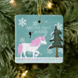 Gepersonaliseerde roze en witte unicorn en milde keramisch ornament