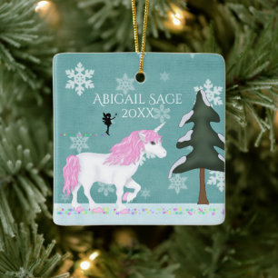 Gepersonaliseerde roze en witte unicorn en milde keramisch ornament