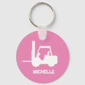 Gepersonaliseerde roze en witte vorkheftruck sleutelhanger (Voorkant)