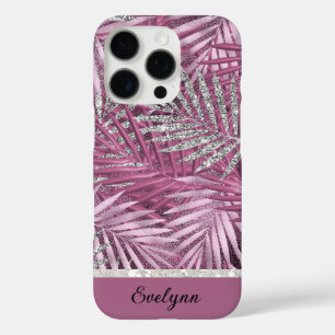 Gepersonaliseerde roze en zilveren glitter palmen iPhone 16 pro hoesje