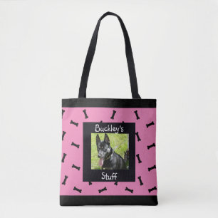 Gepersonaliseerde roze en zwart huisdier foto hond tote bag