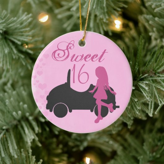Gepersonaliseerde roze en zwarte auto zoet 16 Zest Keramisch Ornament (Boom)