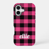 Gepersonaliseerde roze en zwarte Buffalo Plaid iPhone 16 Hoesje (Achterkant)