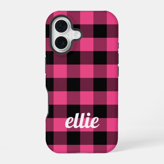 Gepersonaliseerde roze en zwarte Buffalo Plaid iPhone 16 Hoesje (Achterkant)