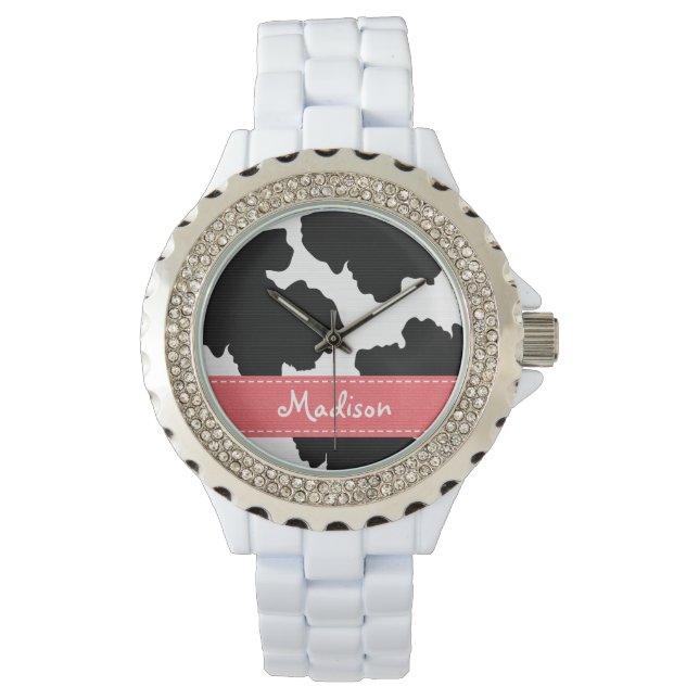 Gepersonaliseerde roze en zwarte Koe Print Horloge (Voorkant)