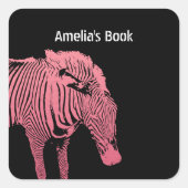 Gepersonaliseerde Roze en zwarte Zebra Bookplate Vierkante Sticker (Voorkant)
