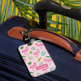 Gepersonaliseerde Roze Flamingo en Tropische Blade Bagagelabel