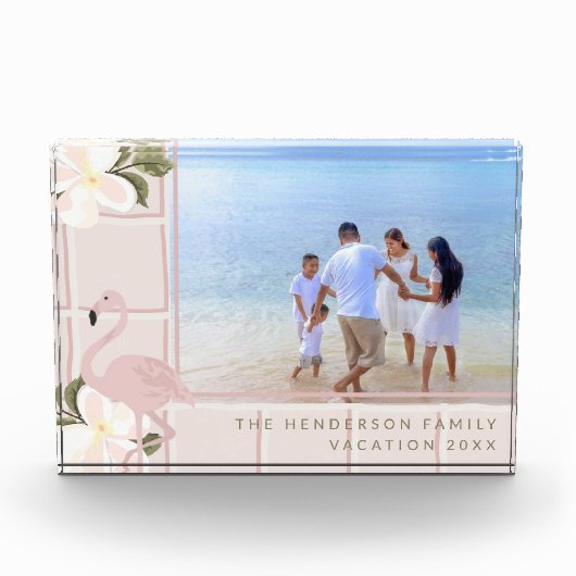 Gepersonaliseerde Roze Flamingo Familie Vakantie Fotoblokken (Voorkant)