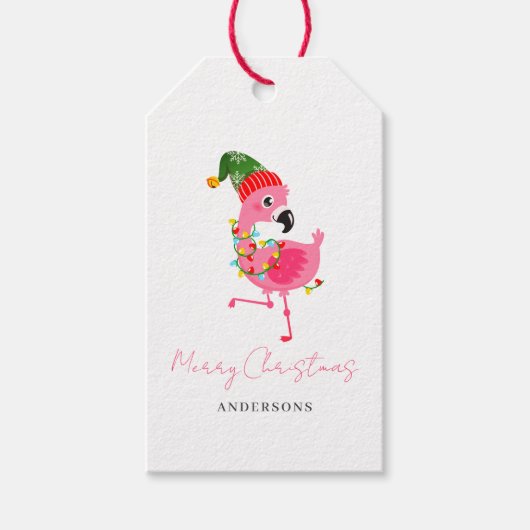 Gepersonaliseerde roze flamingo kerst cadeaulabel (Voorkant)
