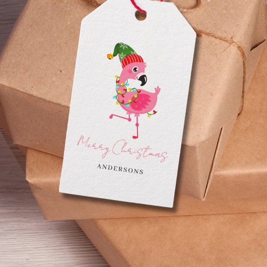 Gepersonaliseerde roze flamingo kerst cadeaulabel