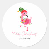Gepersonaliseerde roze flamingo kerst ronde sticker (Voorkant)