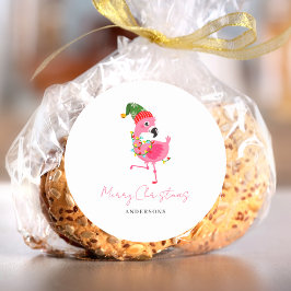 Gepersonaliseerde roze flamingo kerst ronde sticker