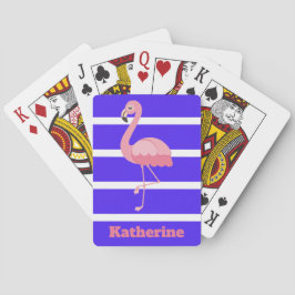 Gepersonaliseerde roze flamingo op blauwe strepen pokerkaarten