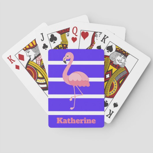 Gepersonaliseerde roze flamingo op blauwe strepen pokerkaarten (Achterkant)