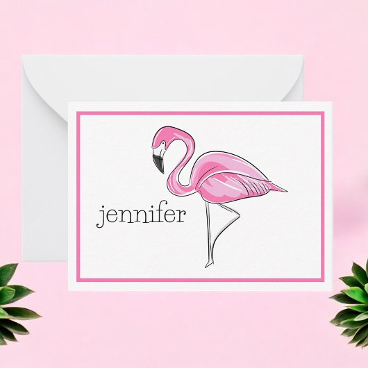 Gepersonaliseerde Roze Flamingo Preppy Rand Notitiekaartje